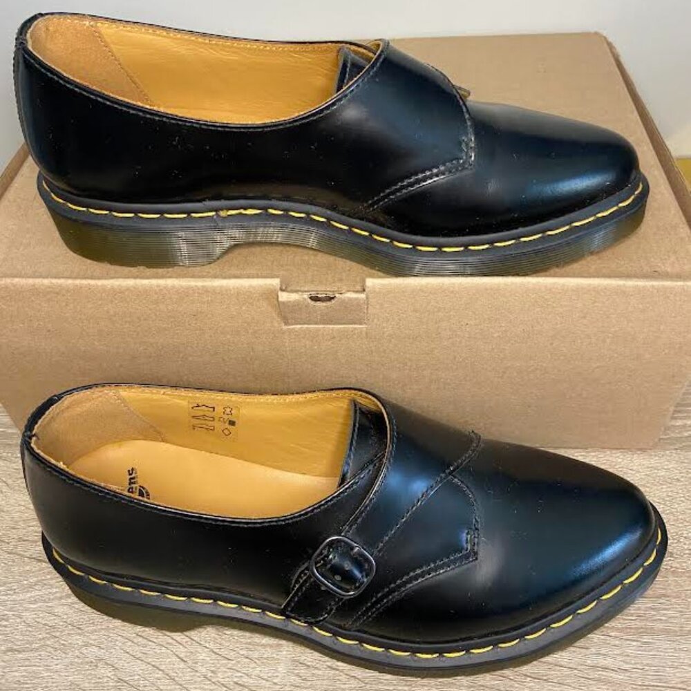 Dr. Martens Black Leather Monk Strap oxfords with Yellow Stitching